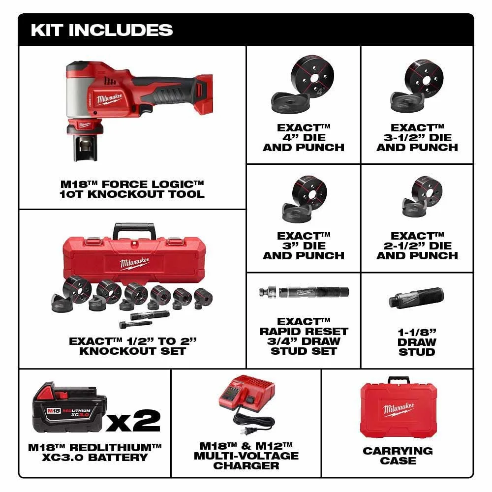 Milwaukee 2676-23 FORCELOGIC M18 10-Ton Knockout Tool 1/2 to 4 Kit